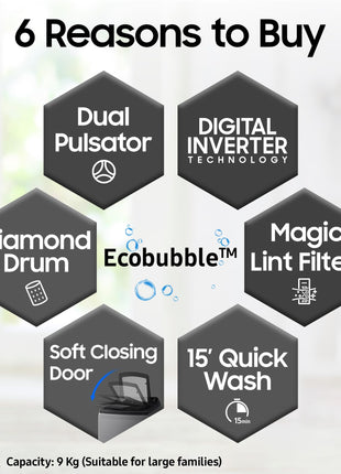Samsung 9 kg, 5 star, Eco Bubble Technology, Wi-Fi, Soft Closing Door, Fully-Automatic Top Load Washing Machine (WA90BG4542BDTL, Versailles Gray) 