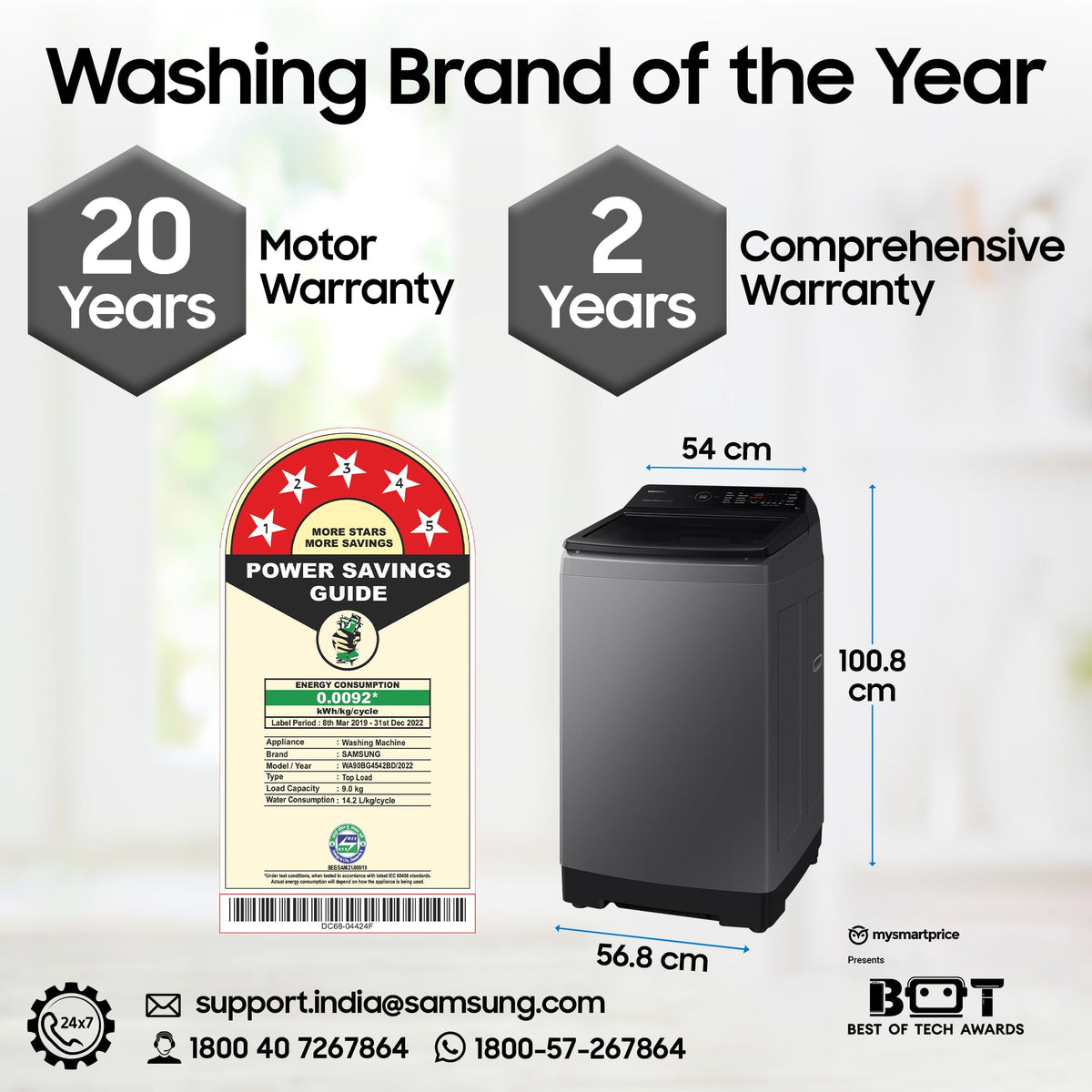 Samsung 9 kg, 5 star, Eco Bubble Technology, Wi-Fi, Soft Closing Door, Fully-Automatic Top Load Washing Machine (WA90BG4542BDTL, Versailles Gray) 