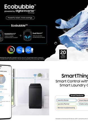 Samsung 9 kg, 5 star, Eco Bubble Technology with Super Speed, Wi-Fi, Digital Inverter Motor, Dual Storm, Fully-Automatic Top Load Washing Machine Appliance (WA90BG4546BVTL, Black Caviar) 