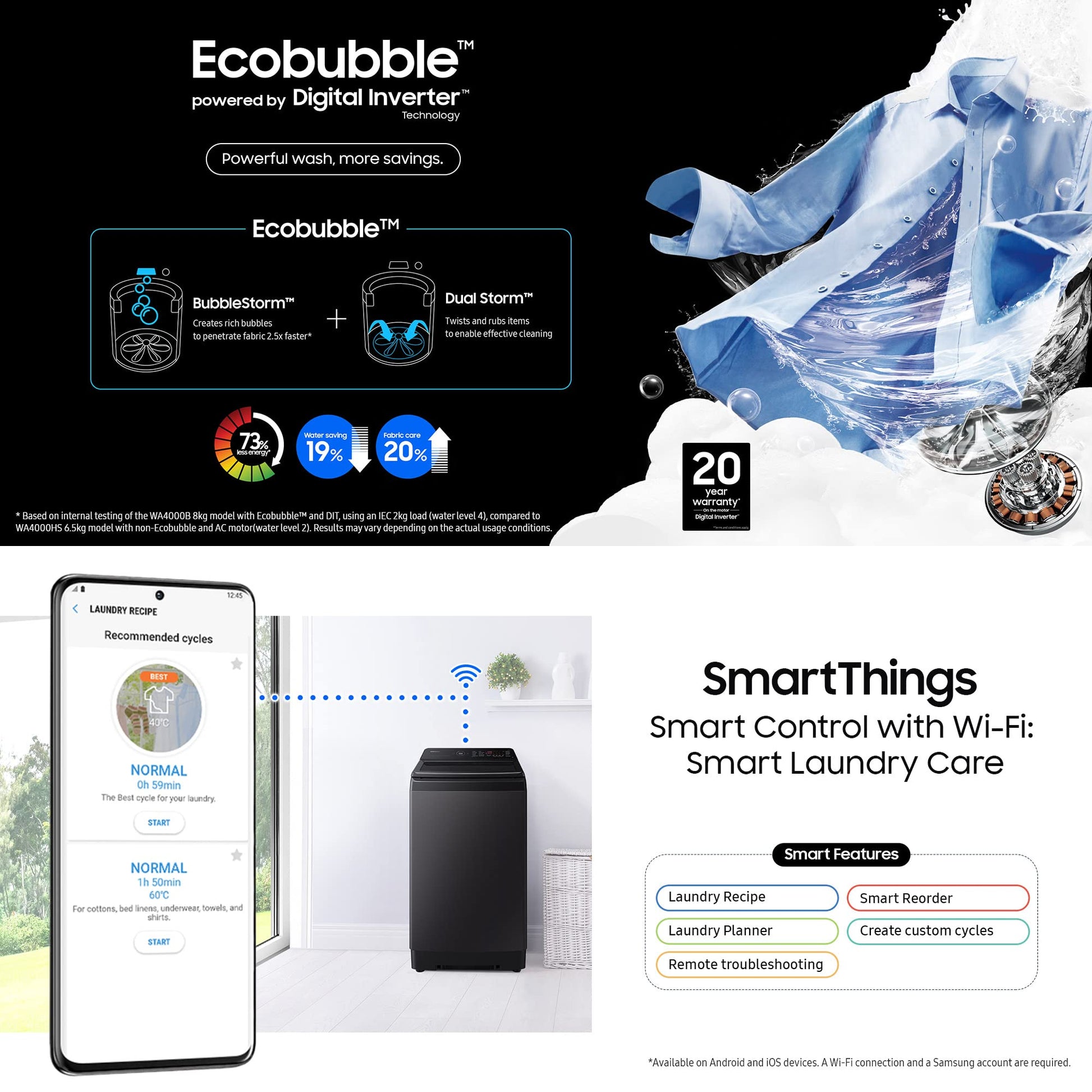 Samsung 9 kg, 5 star, Eco Bubble Technology with Super Speed, Wi-Fi, Digital Inverter Motor, Dual Storm, Fully-Automatic Top Load Washing Machine Appliance (WA90BG4546BVTL, Black Caviar) 