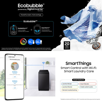 Samsung 9 kg, 5 star, Eco Bubble Technology with Super Speed, Wi-Fi, Digital Inverter Motor, Dual Storm, Fully-Automatic Top Load Washing Machine Appliance (WA90BG4546BVTL, Black Caviar) 