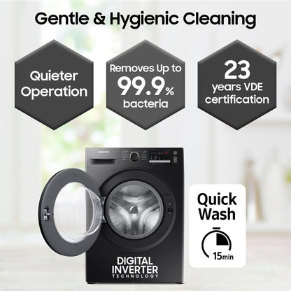Samsung 9 kg, Hygiene Steam with Inbuilt Heater, Digital Inverter, Fully-Automatic Front Load Washing Machine (WW90T4040CB1TL, Black) 