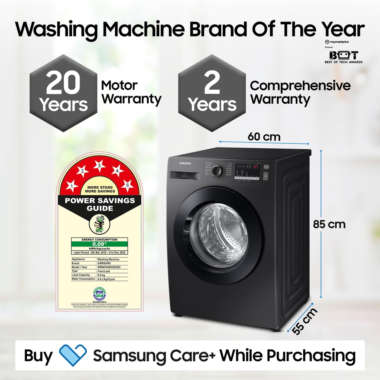 Samsung 9 kg, Hygiene Steam with Inbuilt Heater, Digital Inverter, Fully-Automatic Front Load Washing Machine (WW90T4040CB1TL, Black) 