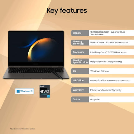 Samsung Galaxy Book3 360 Intel 13th Gen i7 EvoTM 33.78cm(13.3") Super Amoled 2-in-1 Touchscreen Laptop (16 GB/512GB SSD/Windows11/MSOffice/BacklitKB/Fingerprint Sensor/Graphite/1.16Kg), NP730QFG-LA1IN 