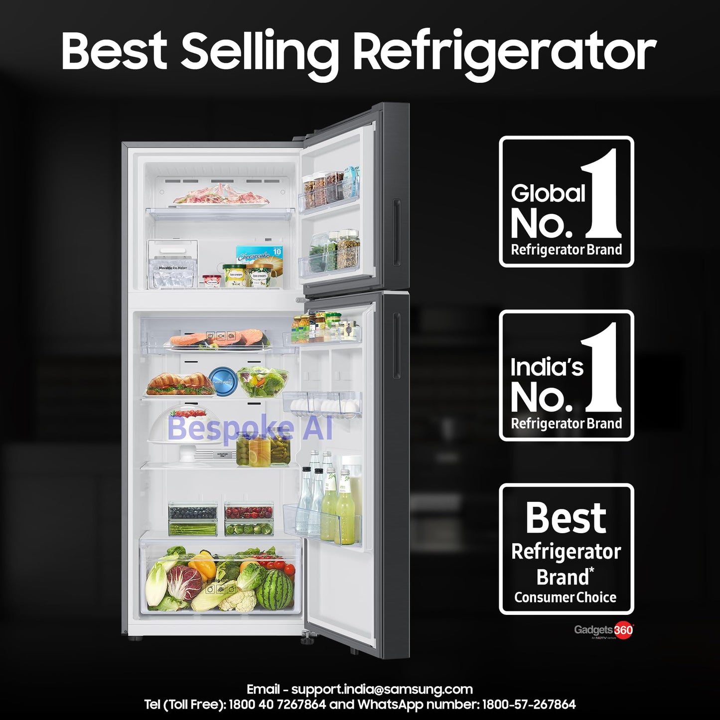 Samsung Smart Choice 467 L, 3 Star, Convertible 5-in-1, Digital Inverter, Frost Free Double Door, Bespoke AI WiFi Enabled Refrigerator (RT80F51C3KHL, Luxe Black) 