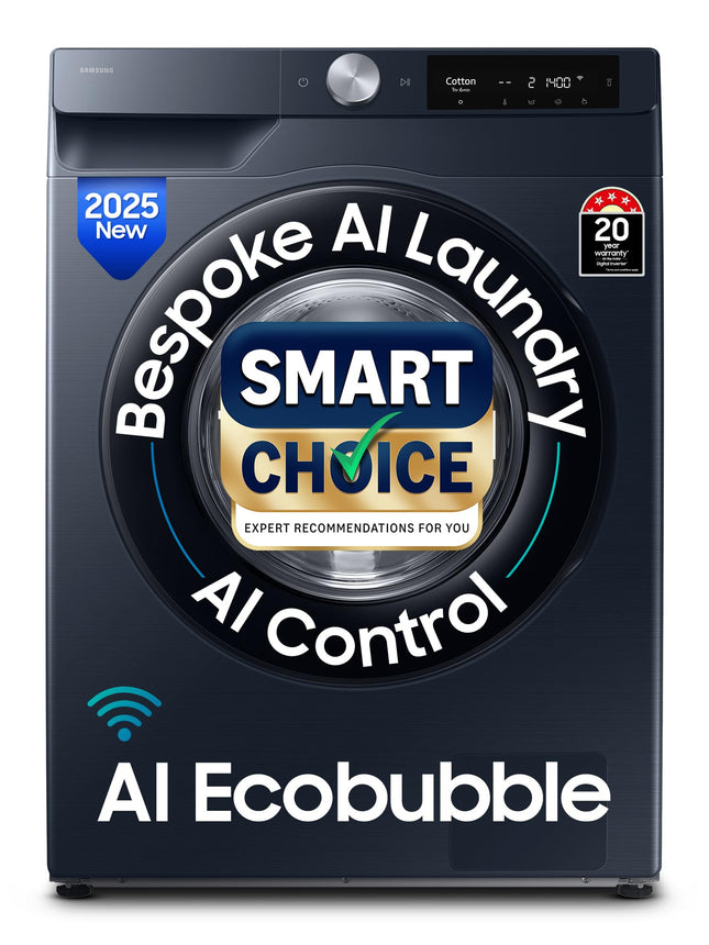 Samsung Smart Choice 9 kg, 5 Star, AI Control, AI Ecobubble, Super Speed, Wi-Fi, Hygiene Steam with Inbuilt Heater, Digital Inverter, Fully-Automatic Front Load Washing Machine (WW90DG6U24ASTL, NAVY) 