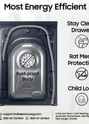 Samsung Smart Choice 9 kg, 5 Star, AI Control, AI Ecobubble, Super Speed, Wi-Fi, Hygiene Steam with Inbuilt Heater, Digital Inverter, Fully-Automatic Front Load Washing Machine (WW90DG6U24ASTL, NAVY) 