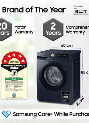 Samsung Smart Choice 9 kg, 5 Star, AI Control, AI Ecobubble, Super Speed, Wi-Fi, Hygiene Steam with Inbuilt Heater, Digital Inverter, Fully-Automatic Front Load Washing Machine (WW90DG6U24ASTL, NAVY) 