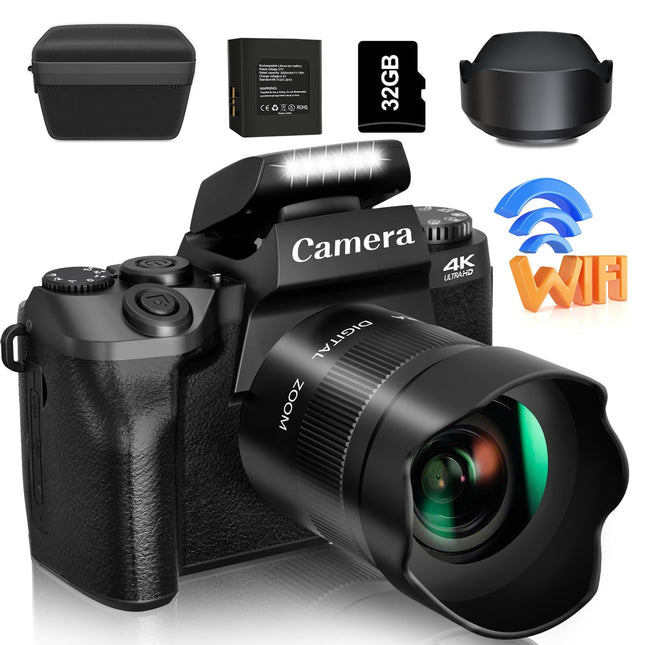 Saneen Digital Camera, 4K Cameras for Photography and Video, 64MP WiFi Touchscreen, Vlogging Camera for YouTube with Flash, 32GB Card, Sunshade, 3000mAh Battery, Front Cameras 