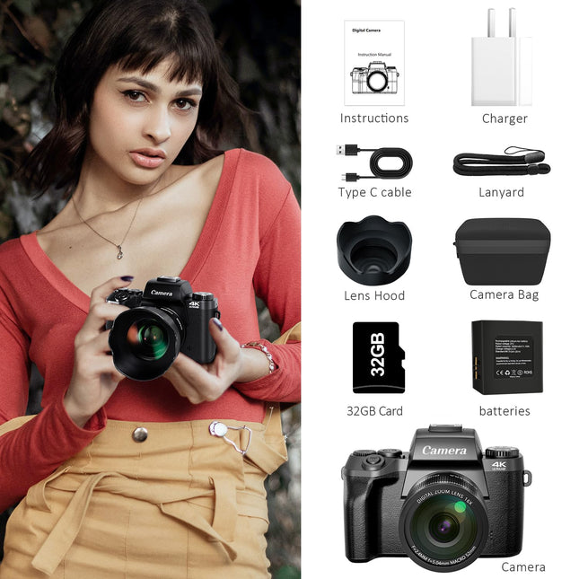 Saneen Digital Camera, 4K Cameras for Photography and Video, 64MP WiFi Touchscreen, Vlogging Camera for YouTube with Flash, 32GB Card, Sunshade, 3000mAh Battery, Front Cameras 