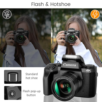 Saneen Digital Camera, 4K Cameras for Photography and Video, 64MP WiFi Touchscreen, Vlogging Camera for YouTube with Flash, 32GB Card, Sunshade, 3000mAh Battery, Front Cameras 