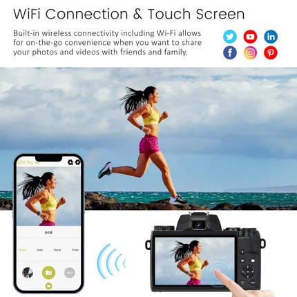 Saneen Digital Camera, 4K Cameras for Photography and Video, 64MP WiFi Touchscreen, Vlogging Camera for YouTube with Flash, 32GB Card, Sunshade, 3000mAh Battery, Front Cameras 