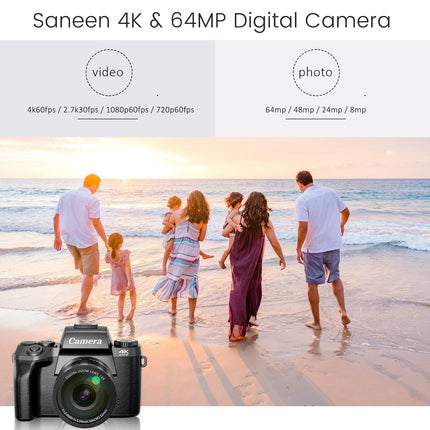 Saneen Digital Camera, 4K Cameras for Photography and Video, 64MP WiFi Touchscreen, Vlogging Camera for YouTube with Flash, 32GB Card, Sunshade, 3000mAh Battery, Front Cameras 