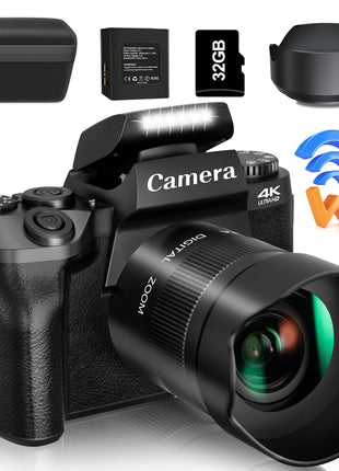 Saneen Digital Camera, 4K Cameras for Photography and Video, 64MP WiFi Touchscreen, Vlogging Camera for YouTube with Flash, 32GB Card, Sunshade, 3000mAh Battery, Front Cameras 