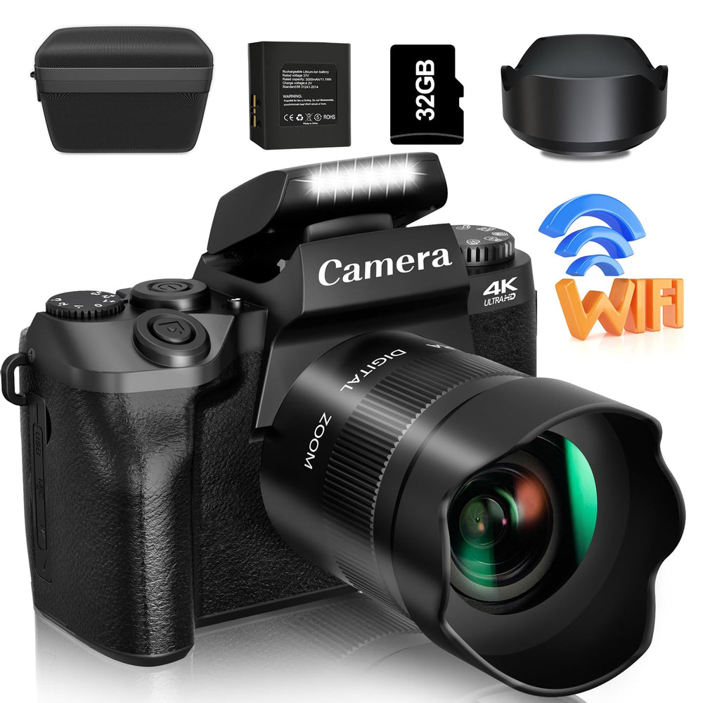 Saneen Digital Camera, 4K Cameras for Photography and Video, 64MP WiFi Touchscreen, Vlogging Camera for YouTube with Flash, 32GB Card, Sunshade, 3000mAh Battery, Front Cameras price under 20000