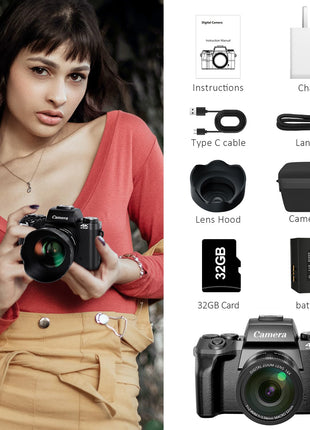 Saneen Digital Camera, 4K Cameras for Photography and Video, 64MP WiFi Touchscreen, Vlogging Camera for YouTube with Flash, 32GB Card, Sunshade, 3000mAh Battery, Front Cameras 