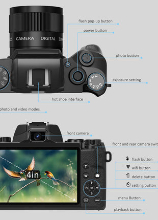 Saneen Digital Camera, 4K Cameras for Photography and Video, 64MP WiFi Touchscreen, Vlogging Camera for YouTube with Flash, 32GB Card, Sunshade, 3000mAh Battery, Front Cameras 