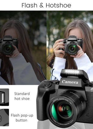 Saneen Digital Camera, 4K Cameras for Photography and Video, 64MP WiFi Touchscreen, Vlogging Camera for YouTube with Flash, 32GB Card, Sunshade, 3000mAh Battery, Front Cameras 