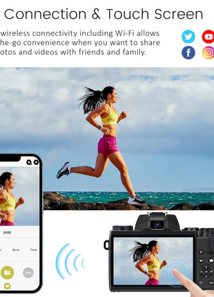 Saneen Digital Camera, 4K Cameras for Photography and Video, 64MP WiFi Touchscreen, Vlogging Camera for YouTube with Flash, 32GB Card, Sunshade, 3000mAh Battery, Front Cameras 