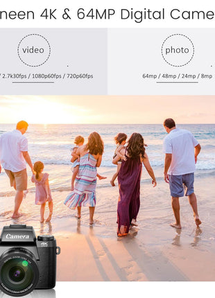 Saneen Digital Camera, 4K Cameras for Photography and Video, 64MP WiFi Touchscreen, Vlogging Camera for YouTube with Flash, 32GB Card, Sunshade, 3000mAh Battery, Front Cameras 