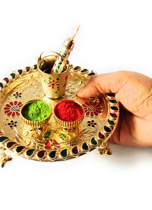 Sau Rang Laddu Gopal Meenakari Plate for Holi with Balti Pichkari (Symbolic Toy only) and 2 Empty Bowls. Material Plastic 