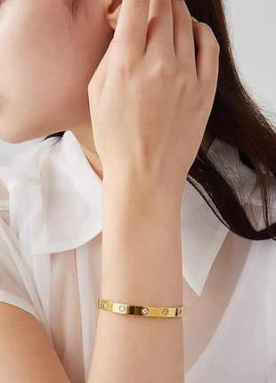 Shining Diva Fashion Latest Stylish Stainless Steel Crystal Gift Bangle Bracelet for Women and Girls (15747b)(Gold) Valentine Gift for Girlfriend 