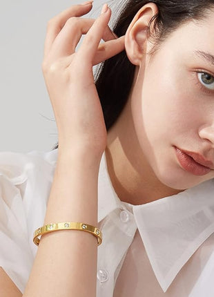 Shining Diva Fashion Latest Stylish Stainless Steel Crystal Gift Bangle Bracelet for Women and Girls (15747b)(Gold) Valentine Gift for Girlfriend 
