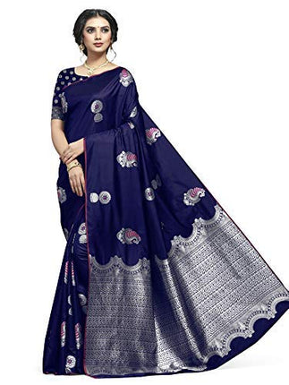 Shiv Textiles Women's Banarasi Silk Saree (ZM01 Navy Blue_Dark) 