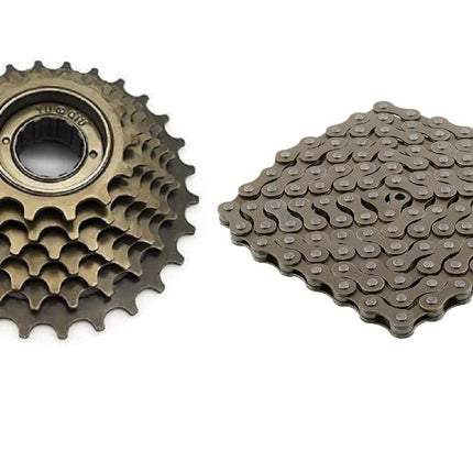 ShreNik Cycle Freewheel Chain Combo Speed 7 Compatible with Gear Cycle 21 Speed with 14-28 Teeth Cassette & 116 Links Chain Rings Road Bike 