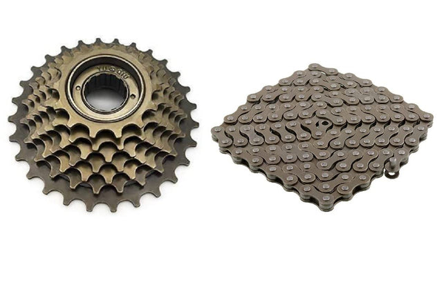 ShreNik Cycle Freewheel Chain Combo Speed 7 Compatible with Gear Cycle 21 Speed with 14-28 Teeth Cassette & 116 Links Chain Rings Road Bike 