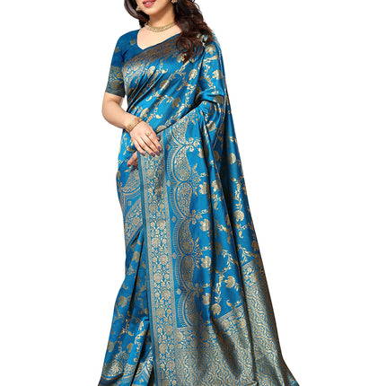 Sidhidata Women's Kanjivaram Banarasi Jacquard Silk Saree With Blouse Piece (Silk Hanuman Sky Blue_Sky Blue_Free Size) 