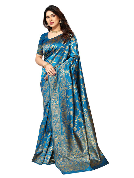 Sidhidata Women's Kanjivaram Banarasi Jacquard Silk Saree With Blouse Piece (Silk Hanuman Sky Blue_Sky Blue_Free Size) 