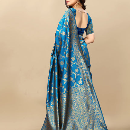 Sidhidata Women's Kanjivaram Banarasi Jacquard Silk Saree With Blouse Piece (Silk Hanuman Sky Blue_Sky Blue_Free Size) 