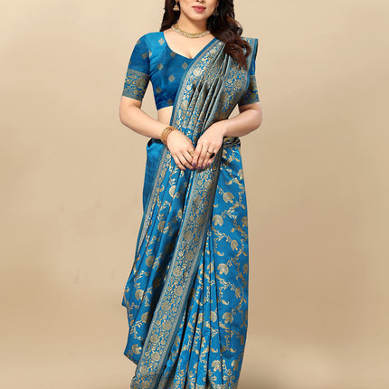 Sidhidata Women's Kanjivaram Banarasi Jacquard Silk Saree With Blouse Piece (Silk Hanuman Sky Blue_Sky Blue_Free Size) 