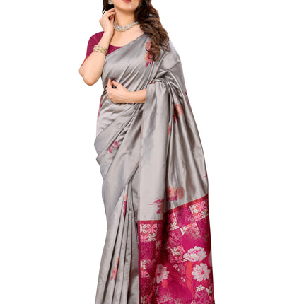 Sidhidata Women's Kanjivaram Banarasi Soft Silk Saree With Unstitched Blouse Piece (Silk Double Rose Greyyy_Grey_Free Size) 