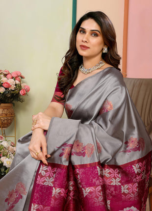 Sidhidata Women's Kanjivaram Banarasi Soft Silk Saree With Unstitched Blouse Piece (Silk Double Rose Greyyy_Grey_Free Size) 