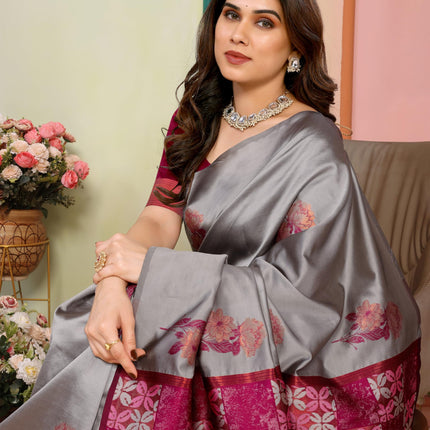Sidhidata Women's Kanjivaram Banarasi Soft Silk Saree With Unstitched Blouse Piece (Silk Double Rose Greyyy_Grey_Free Size) 