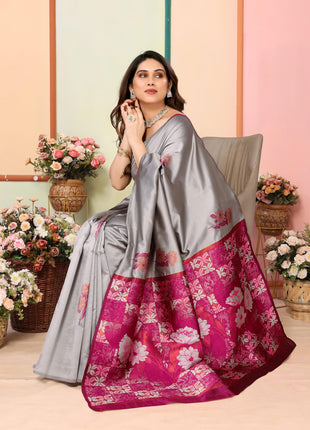 Sidhidata Women's Kanjivaram Banarasi Soft Silk Saree With Unstitched Blouse Piece (Silk Double Rose Greyyy_Grey_Free Size) 