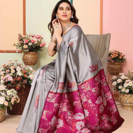 Sidhidata Women's Kanjivaram Banarasi Soft Silk Saree With Unstitched Blouse Piece (Silk Double Rose Greyyy_Grey_Free Size) 