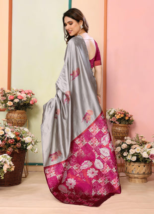 Sidhidata Women's Kanjivaram Banarasi Soft Silk Saree With Unstitched Blouse Piece (Silk Double Rose Greyyy_Grey_Free Size) 