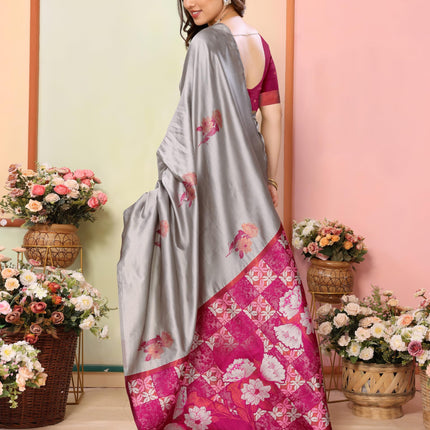 Sidhidata Women's Kanjivaram Banarasi Soft Silk Saree With Unstitched Blouse Piece (Silk Double Rose Greyyy_Grey_Free Size) 