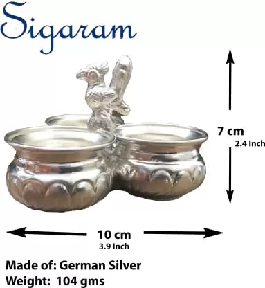 Sigaram German Silver 4x3 Inch Peacock Handle Peacock Handle Panchwala Kum Kum Bharani for Home Pooja Decor K2569 