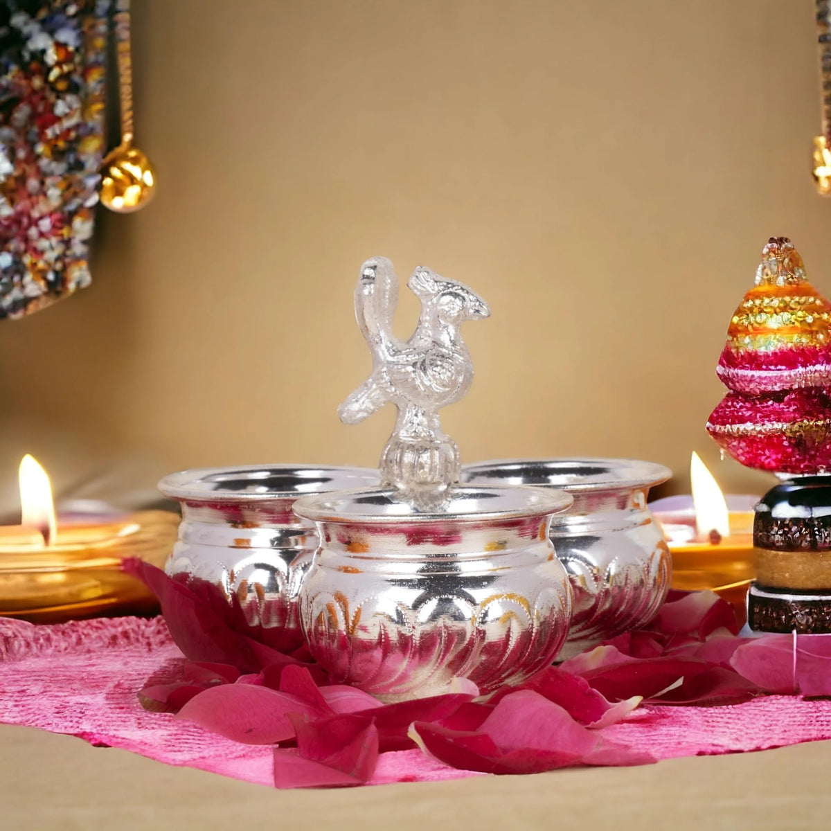 Sigaram German Silver 4x3 Inch Peacock Handle Peacock Handle Panchwala Kum Kum Bharani for Home Pooja Decor K2569 
