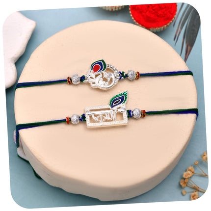 Silver Rakhi Set of 2 for Brother Boy - Krishna Peacock Rakhi for Bhaiya Bhabhi and Kids with Greeting Card Set 