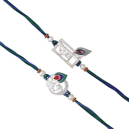 Silver Rakhi Set of 2 for Brother Boy - Krishna Peacock Rakhi for Bhaiya Bhabhi and Kids with Greeting Card Set 