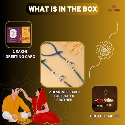 Silver Rakhi Set of 2 for Brother Boy - Krishna Peacock Rakhi for Bhaiya Bhabhi and Kids with Greeting Card Set 