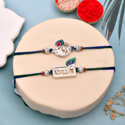 Silver Rakhi Set of 2 for Brother Boy - Krishna Peacock Rakhi for Bhaiya Bhabhi and Kids with Greeting Card Set 