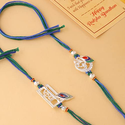 Silver Rakhi Set of 2 for Brother Boy - Krishna Peacock Rakhi for Bhaiya Bhabhi and Kids with Greeting Card Set 