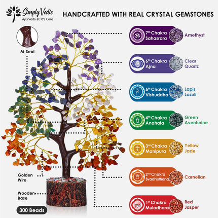 Simply Vedic 7 Chakra Crystal Tree (300 Beads) for Positive Energy, Good Luck, Chakra Activation| Healing Gemstones MoneyTree Feng Shui, Spiritual Gift, Home Decor| Handmade by Traditional Artist 