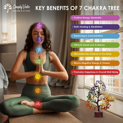 Simply Vedic 7 Chakra Crystal Tree (300 Beads) for Positive Energy, Good Luck, Chakra Activation| Healing Gemstones MoneyTree Feng Shui, Spiritual Gift, Home Decor| Handmade by Traditional Artist 